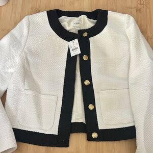 J. Crew White Tweed Jacket with Black Trim and Gold Buttons